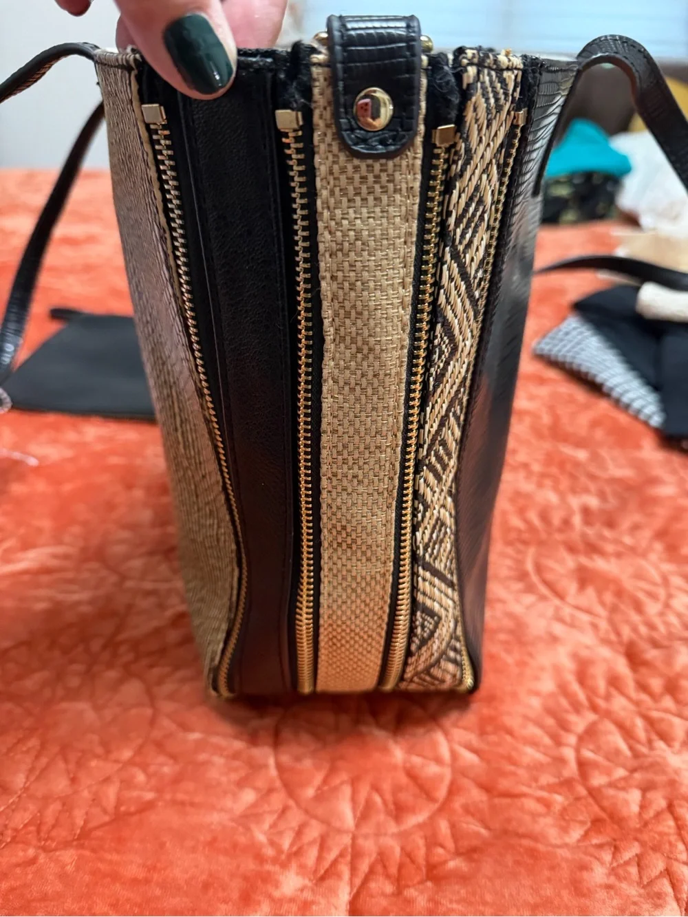 Sondra Roberts Black and Tan Striped Tote with Removable Pouch